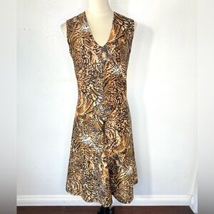 VINTAGE 1970s Animal Print Leopard Cat Face Print Midi Sleeveless Dress Vtg 70s